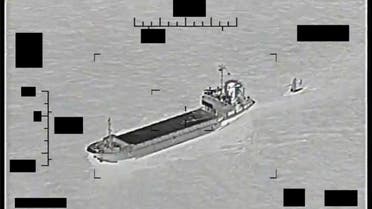 Screenshot of a video showing support ship Shahid Baziar, left, from Iran's Islamic Revolutionary Guard Corps Navy unlawfully towing a Saildrone Explorer unmanned surface vessel in international waters of the Gulf, Aug. 30. (US Navy photo)