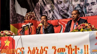 Alem Gebrewahid (L) and Getachew Reda (R) address the public during the Tigray People’s Liberation Front (TPLF) First Emergency General Congress in the city of Mekelle, Ethiopia, on January 04, 2020. (AFP)