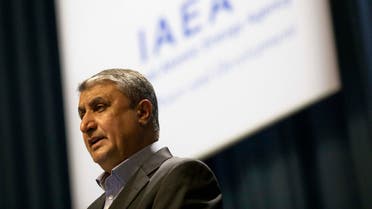 Mohammad Eslami, new head of Iran's nuclear agency (AEOI) talks on stage at the International Atomic Energy's (IAEA) General Conference in Vienna, Austria, Monday, Sept. 20, 2021. (AP Photo/Lisa Leutner)
