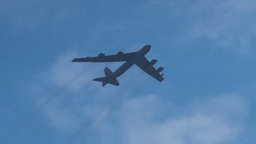 A US Air Force's B-52 bomber flies over Skopje, on August 22, 2022. (AFP)