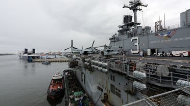 The USS Kearsarge (LHD-3) Wasp-class amphibious assault ship of the United States Navy is pictured at the seaport of Klaipeda, Lithuania, on August 22, 2022. (AFP)