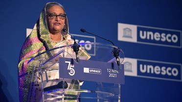 Bangladesh’s Prime Minister Sheikh Hasina speaks during the 75th anniversary celebrations of the United Nations Educational, Scientific and Cultural Organization (UNESCO) at UNESCO headquarters in Paris, France, on November 12, 2021. (Reuters)