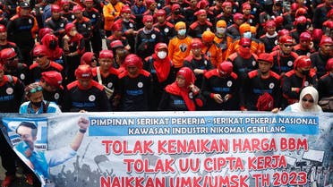 Members of Indonesian labor organizations protest against the government outside the Indonesian parliament following raised subsidized fuel prices in Jakarta, Indonesia, on September 6, 2022. (Reuters)