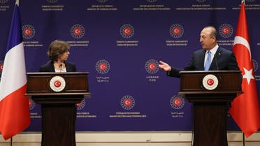 Turkish Foreign Minister Mevlut Cavusoglu (R) and Catherine Colonna, Minister of Europe and Foreign Affairs of France (L) speak to the media after talks in Ankara, Turkey on September 5, 2022. (AFP)