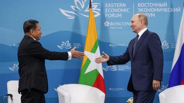 Russian President Vladimir Putin shakes hands with Myanmar's Prime Minister Min Aung Hlaing during a meeting on the sidelines of the 2022 Eastern Economic Forum (EEF) in Vladivostok, Russia September 7, 2022. (Reuters)