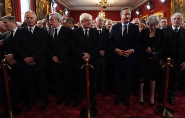 Labour leader Keir Starmer (L), former British Prime ministers Tony Blair (2L), Gordon Brown (3L), Boris Johnson (C), David Cameron (4R), Theresa May (3R) and John Major (2R) gather ahead of the Accession Council ceremony inside St James’s Palace in London on September 10, 2022, to proclaim King Charles III as the new king. (AFP)