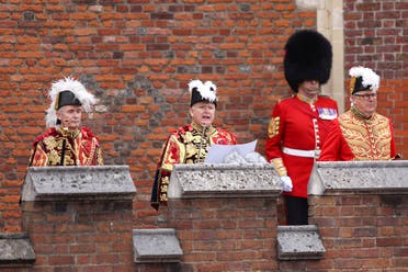 Garter Principal King of Arms, David Vines White, reads the Principal Proclamation from the balcony overlooking Friary Court after the Accession Council at St James’s Palace, as King Charles III is formally proclaimed Britain’s new monarch, following the death of Queen Elizabeth II, in London, Britain, on September 10, 2022. (Reuters)