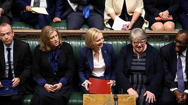 British Prime Minister Liz Truss sits next to Secretary of State for Northern Ireland Chris Heaton-Harris, Leader of the House of Commons Penny Mordaunt, Health Secretary Therese Coffey and Chancellor of the Exchequer Kwasi Kwarteng as she attends her first Prime Minister’s Questions at the House of Commons in London, Britain, onSeptember 7, 2022. (Reuters)