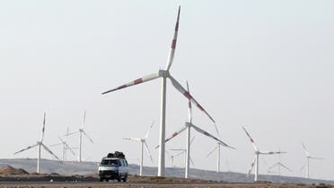 A vehicle moves past power generating wind turbines on the outskirts of Cairo, Egypt. (Reuters)
