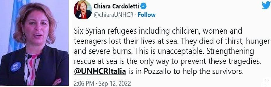 تغريدة كيارا كاردوليتي عن هلاك 6 سوريين في القارب، ودعوتها الى تعزيز عمليات الانقاذ