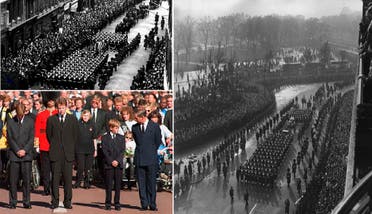 آخر 3 جنازات رسمية في بريطانيا، كانت في 1952 للملك جورج السادس (يمين) وفي 1965 لتشرشل، ثم في 1997 لديانا
