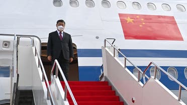 China’s President Xi Jinping steps off his plane upon arrival at the airport in Nur-Sultan on September 14, 2022. (Handout/Kazakhstan Presidential press office/AFP)
