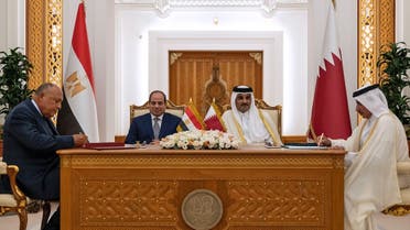 Qatar’s Emir Sheikh Tamim bin Hamad al-Thani (C-R) meeting with Egypt’s President Abdel Fattah al-Sisi (C-L), Egyptian Foreign Minister Sameh Shoukry (L) and Qatar’s Minister of Transport and Communications Jassim bin Saif al-Sulaiti (R), at the Royal Palace in Doha. (Handout/ Qatar Emiri Diwan/AFP)