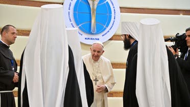 Pope Francis meets with Chairman of the Department of External Church Relations of the Moscow Patriarchate, Metropolitan Anthony of Volokolamsk on the sidelines of the VII Congress of Leaders of World and Traditional Religions at the Palace of Peace and Reconciliation in Nur-Sultan on September 14, 2022. (AFP)