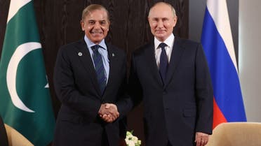 Russian President Vladimir Putin meets with Prime Minister of Pakistan Shehbaz Sharif on the sidelines of the Shanghai Cooperation Organization (SCO) leaders’ summit in Samarkand on September 15, 2022. (SPUTNIK/AFP)