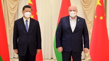 Belarus’ President Alexander Lukashenko meets with China’s President Xi Jinping on the sidelines of the Shanghai Cooperation Organization (SCO) leaders’ summit in Samarkand on September 15, 2022. (AFP)