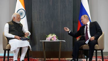 Russian President Vladimir Putin meets with India’s Prime Minister Narendra Modi on the sidelines of the Shanghai Cooperation Organization (SCO) leaders’ summit in Samarkand on September 16, 2022. (AFP)