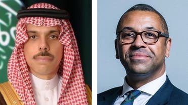 Saudi Arabia's Foreign Minister Prince Faisal bin Farhan with his UK counterpart James Cleverly in this combination image. (Twitter)
