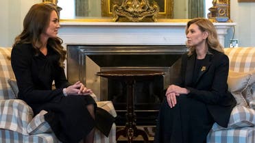 Britain’s Catherine, Princess of Wales (L) speaks with First Lady of Ukraine, Olena Zelenska (L) during a meeting at Buckingham Palace on September 18, 2022. (AFP)