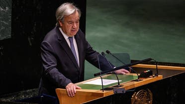 Secretary-General of the United Nations Antonio Guterres addresses the General Assembly during a tribute to Britain’s Queen Elizabeth, at the United Nations headquarters in New York on September 15, 2022. (AFP)