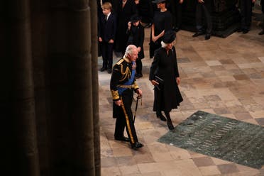 Britain's King Charles and Queen Camilla arrive, on the day of the state funeral and burial of Britain's Queen Elizabeth, at Westminster Abbey in London, Britain, September 19, 2022. (Reuters)