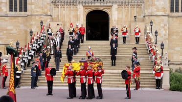 The Queen's coffin arrives outside of St George's chapel inside Windsor castle where she will be laid to rest in the crypt, September 19, 2022. (Reuters)