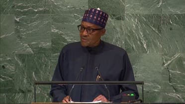 Nigerian President Muhammadu Buhari during his speech at the United Nations General Assembly, UN, New York, September 21, 2022. (UNTV via Reuters)