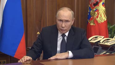 Russian President Vladimir Putin makes an address announcing a partial mobilisation in the course of Russia-Ukraine military conflict in Moscow, Russia, in this still image taken from video released September 21, 2022. (Reuters)