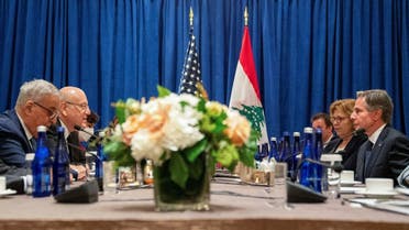 US Secretary of State Antony Blinken and Lebanese Caretaker Prime Minister Najib Mikati hold a sidebar meeting in New York City, Sept. 20, 2022. (Reuters)