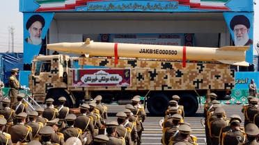 Iranian missile Kheibar Shekan on display during the annual military parade marking the anniversary of the outbreak of the devastating 1980-1988 war with Saddam Hussein’s Iraq, in the capital Tehran on September 22, 2022. (AFP)