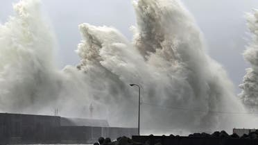 High waves triggered by Typhoon Nanmadol are seen at a fishing port in Aki, Kochi Prefecture, western Japan, September 19, 2022, in this photo taken by Kyodo. (Reuters)