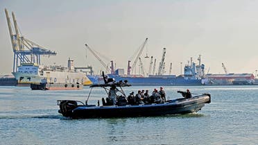 Lebanese navy patrol the port Lebanon’s second city Tripoli, on the Mediterranean coast, on August 22, 2022. (AFP)