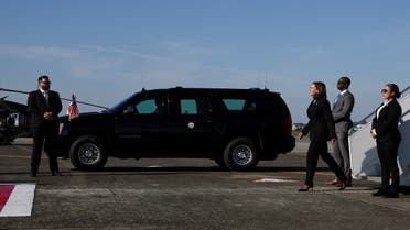 US Vice President Kamala Harris walks after disembarking from a plane at Yokota Air Base near Tokyo, Japan September 26, 2022. (Reuters)
