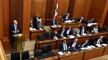 Lebanon’s Prime Minister-designate Najib Mikati speaks during a parliament session to discuss and approve budget in Beirut, Lebanon, on September 16, 2022. (Reuters)
