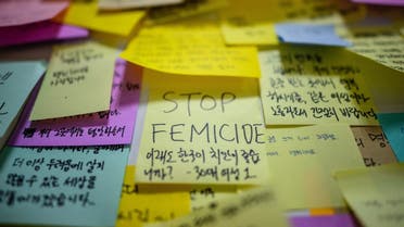 Handwritten notes are displayed near the entrance to a female lavatory at Sindang Station in Seoul on September 19, 2022, after a male suspect, named by police as Seoul Metro employee Jeon Joo-hwan, allegedly stabbed his colleague to death in the metro train station women's public toilet on September 14, day before a court was set to sentence him on charges of stalking her. (Photo by Anthony WALLACE / AFP)
