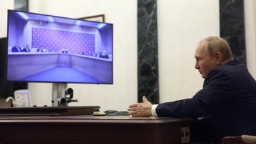 Russian President Vladimir Putin chairs a meeting with intelligence chiefs of former Soviet countries via a video link in Moscow on September 29, 2022. (Sputnik/AFP)