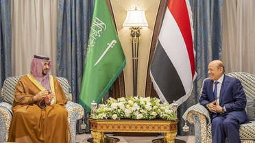 Saudi Arabia’ s Defense Minister Prince Khalid bin Salman discussed the situation in Yemen with the Yemeni Presidential Leadership Council (PLC) President Rashad al-Alimi, September 28, 2022. (SPA) 