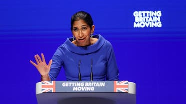 British Secretary of State for the Home Department Suella Braverman speaks during Britain's Conservative Party's annual conference, in Birmingham, Britain, October 4, 2022. (Reuters)