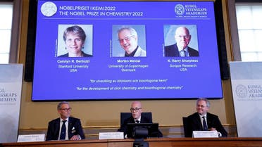 Members of the Nobel Committee for Chemistry announce winners of the 2022 Nobel Prize in Chemistry: Carolyn R. Bertozzi (US), Morten Meldal (Denmark) and K. Barry Sharpless (US), during a news conference at The Royal Swedish Academy of Sciences in Stockholm, Sweden, on October 5, 2022. (Reuters)