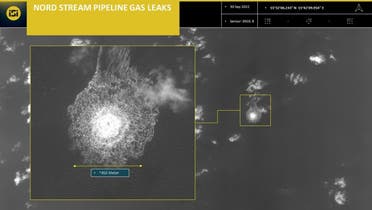 A handout picture released by ImageSat International (ISI) on September 30, 2022, shows an image from an intelligence report depicting a release of gas emanating from a leak on the Nord Stream 1 gas pipeline, in the Swedish economic zone in the Baltic Sea. (AFP)