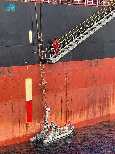 Saudi Arabia’s Border Guards have helped rescue the crew of a commercial container tanker that had caught ablaze in the Red Sea. (Supplied: SPA)