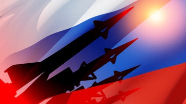 Silhouette of missiles on a background of the flag of Russia and the sun. Nuclear weapon concept. Demonstration of weapons of the Russian Federation. 3d rendering. Silhouette of missiles on a background of the flag of Russia and the sun. Nuclear weapon concept. stock photo