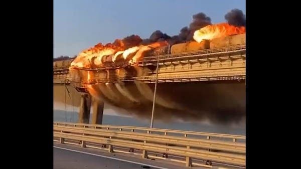 With a car bomb .. an explosion on a bridge that connects Russia with the Crimea, stopping the movement of trains