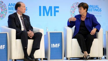 World Bank President David Malpass and IMF Managing Director Kristalina Georgieva at the headquarters of the IMF, October 12, 2022. (Reuters)