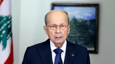 Lebanon’s President Michel Aoun addresses the nation from the presidential palace in Baabda, Lebanon October 13, 2022. (Dalati Nohra/Handout via Reuters)