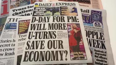 A screen grab shows UK newspaper headlines following PM Liz Truss’ sacking of her finance minister kwasi kwarteng and attempts by his successor Jeremy Hunt to calm financial markets. (Reuters)