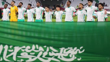 Saudi Arabia's players chant the national anthem ahead of the FIFA Arab Cup 2021 group C football match between Palestine and Saudi Arabia at the Education City Stadium in the Qatari city of Ar-Rayyan on December 4, 2021. (File photo: AFP)
