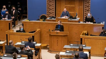 The leader of Estonia’s Reform Party and new Prime Minister Kaja Kallas (C) addresses the Estonian Parliament, the Riigikogu, in Tallinn, Estonia, on January 26, 2021. (AFP)