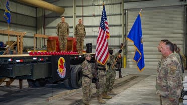 Members of the US Air Force 557th Expeditionary RED HORSE Squadron during presentation of the colors on Al Udeid Air Base, Qatar, Oct. 15, 2022. (US Air National Guard)