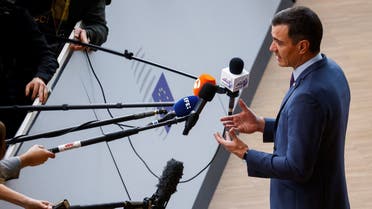 Spanish Prime Minister Pedro Sanchez speaks to the media as he attends the European Union leaders' summit in Brussels, Belgium, on October 20, 2022. (Reuters)